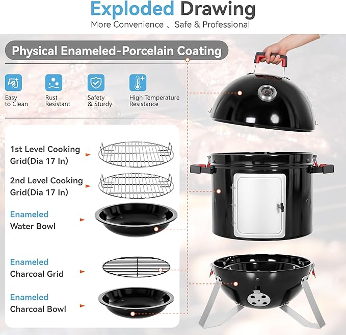 GREEN PARTY 18 Vertical Charcoal Smoker Grill Bullet Water Smoker Barbeque Grill Outdoor BBQ Smokers Portable Meat Smoker Grill for Deck Patio Backyard Balcony Parties