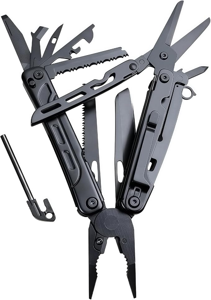 Multitools 20-in-1 Full-Size Lightweight EDC Multi-Purpose PliersWith Safety Locking Knife Tactical Gear Tools Men Gift Ideas Equipment for Emergencies Hiking and Outdoor Camping (Black)