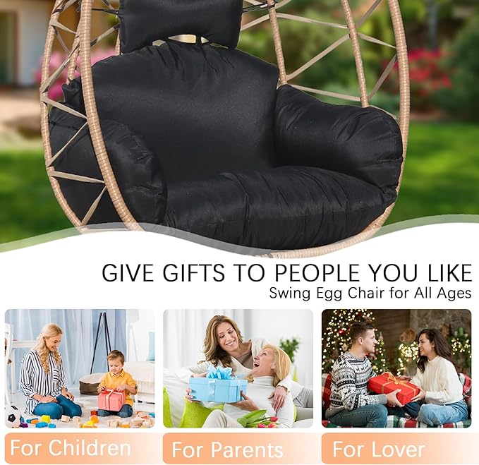 Hanging Egg Chair Swing with Stand Patio Wicker Hanging Chair Webbing &amp PE Rattan Weaving Thickened UV Resistant Cushion &amp Alloy Steel Frame 380lbs Capacity for Patio Bedroom Balcony (YH)