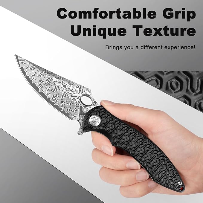 Zingbee Pocket Knife for EDC Damascus Pocket Knife with Black Aluminum Handle 3.3 Damascus Blade Pocket knives &amp Folding Knives