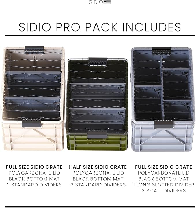 SIDIO CRATE Pro Pack - Two Full Size and One Half Size Heavy Duty Stackable Storage Bins Totes and Containers with Lids and Dividers - Durable Organizer for Home Office Garage and Outdoor Use