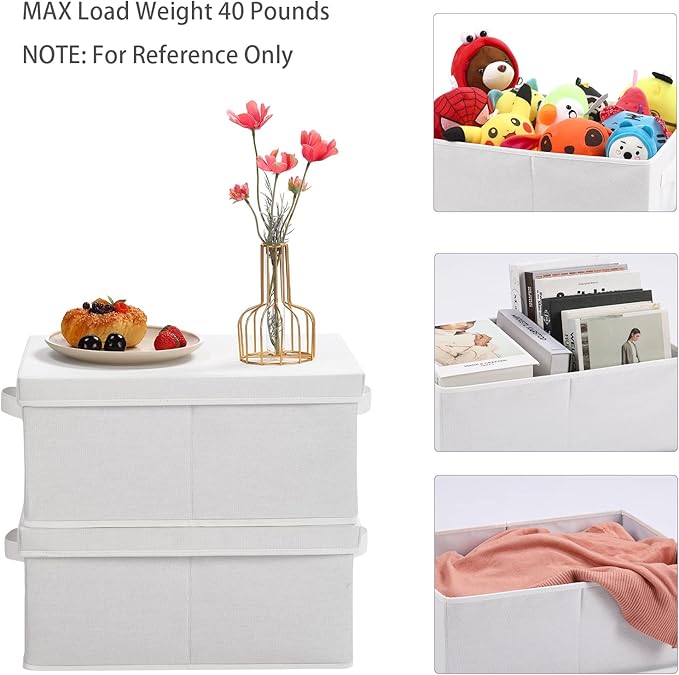 HOONEX Storage Bins with Lids for Organizing Pack of 2 Storage Boxes with 2 Carrying Handles and Sturdy Heavy Cardboard 16.5 L x 11.8 W x 7.5 H for Shoes Books Clothes Nursery White