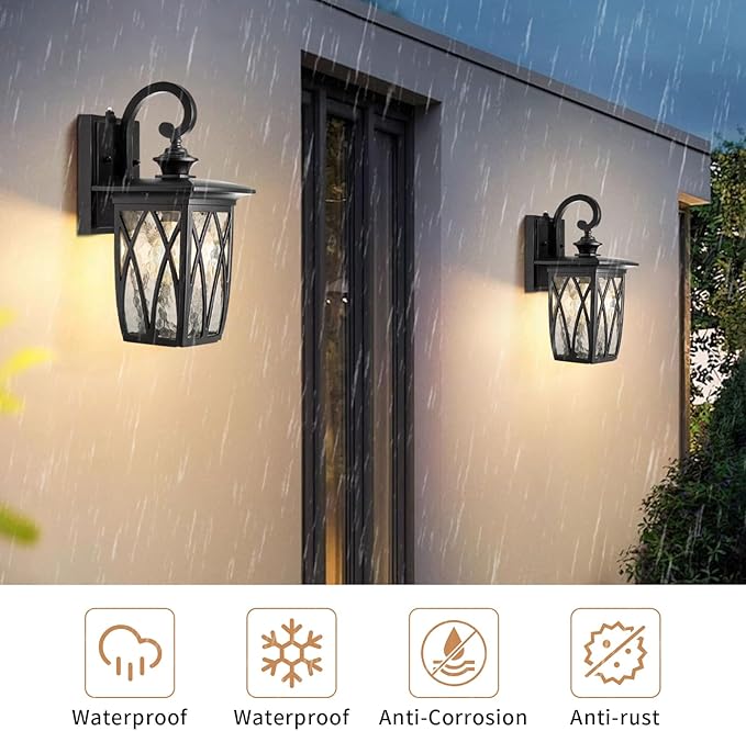 JYZ Dusk to Dawn Outdoor Wall Lantern Craftsman Style Large Exterior Sconce Light with Water Ripple Glass Traditional Porch Light Fixture Wall Mount Lamp for Front Porch Doorway Garage Patio Garden