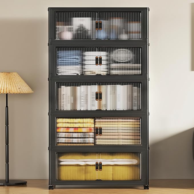 SAILUN 635Qt Extra Large Stackable Storage Bins Folding Collapsible Storage Bins with Lid Closet Organizers and Storage Box with Door Black 28 W x 17 D x 75 H