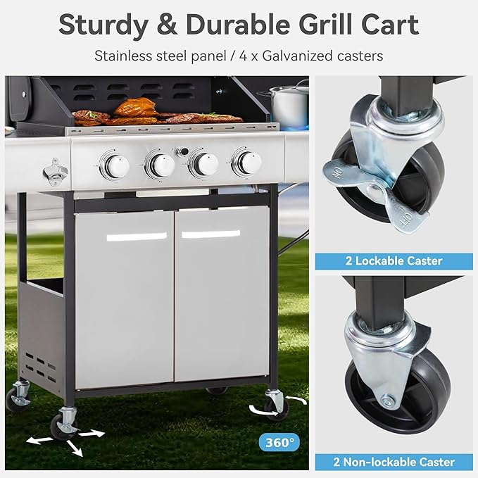 GREEN PARTY 4 Burner BBQ Propane Gas Grill with Side Burner &amp Porcelain-Enameled Cast Iron Grates 545 SQIN Grilling Area 42000 BTUs Barbecue Grill for Outdoor Cooking Garden Patio Backyard Silv