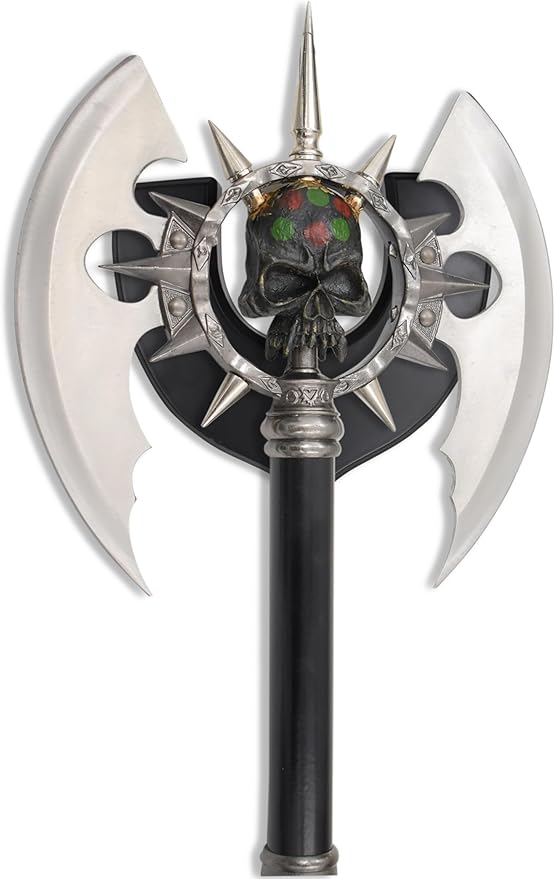 BladesUSA – Fantasy Axe – Full Size Fantasy Medieval Battle Axe Dual Blades and 11 Steel Spikes Around Center Skull. Wire Wrapped Handle Display Plaque - SW-701 – Collectible Display Replicas Silv