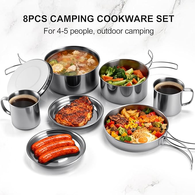 Stainless Steel Camping Cookware Mess Kit - Portable Backpacking Cooking Set with Pot/Plates/Cups &amp Storage Bag Outdoor Cookware for Hiking Picnic Camping &amp Backpacking Adventures（8PCS）