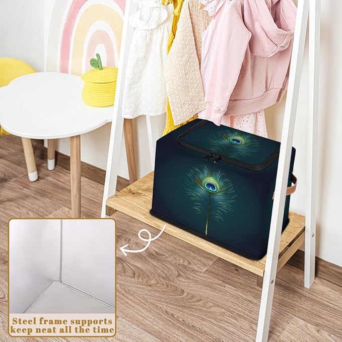 Peacock Feather Storage Box with Lid Boho Feather Collapsible Storage Bins Baskets Cubes Closet Shelf Clothes Organizer Containers with PU Leather Handles