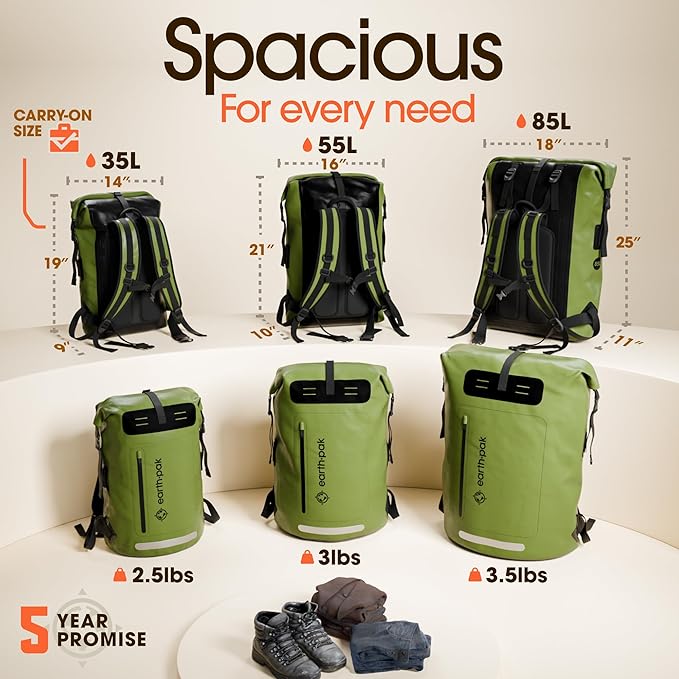Earth Pak Waterproof Backpack - Heavy Duty Roll-Top Closure with Easy Access Front-Zippered Pocket and Cushioned Padded Back Panel for Comfort with IPX8 Waterproof Phone Case