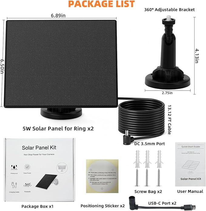 2 Pack 5W Solar Panel for Ring Camera – Compatible with Spotlight Cam (Plus/Pro/Battery) Stick Up Cam/Pro &amp All-New Stick Up Cam Battery 13ft Cable USB-C Adapter Waterproof