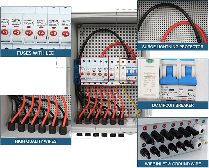 Solar 6 String PV Combiner Box with Lightning Arreste 15A Rated Current Fuse and 2P 63A Circuit Breakers for On/Off Grid Solar Panel System (6 String PV Combiner Box)