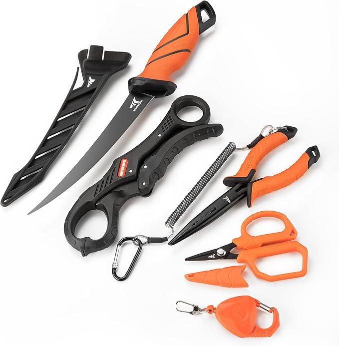 KastKing SteelStream 6pc Fishing Tool Kit - Corrosion Resistant Fishing Pliers with Lanyard Fillet Knife Floating Fish Lip Gripper Fishing Braid Scissors Tool Retractor Fishing Gifts for Men