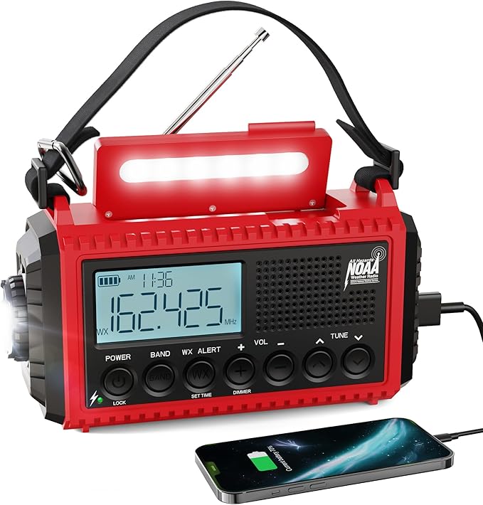 Raynic Emergency Radio 5000mAh/18500mWh Weather Radio Solar Hand Crank Emergency Radio with AM/FM/SW/NOAA Cell Phone Charger Headphone Jack Flashlight Type-C Charging and SOS Siren for Hurricane
