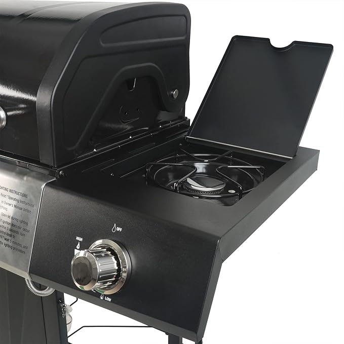 Grill Boss 4 Burner Propane Gas BBQ Portable w/ Lid Wheels &amp Side Shelves Black - Grilling Accessories and Equipment for Camping Tailgating Outdoor Barbecue and Cooking