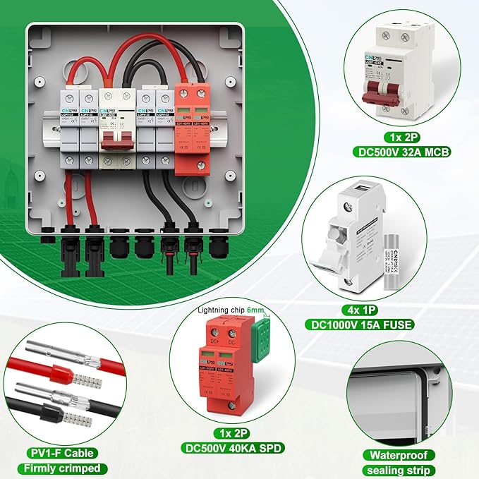 2 String Solar PV Combiner Box IP65 2 in 1 Out DC500V 32A Circuit Breaker with Surge Protector and 15A PV FuseSolar Disconnect Switch Outdoor Waterproof for Solar Panels System