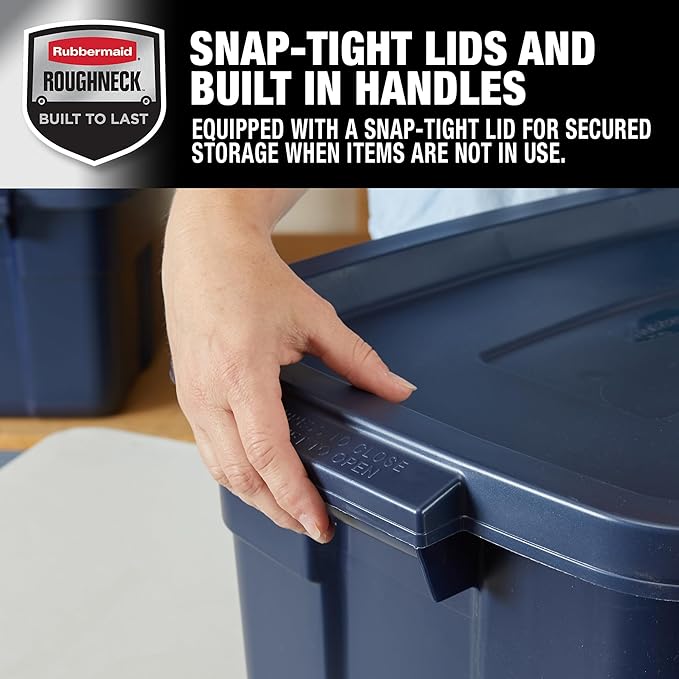 Rubbermaid Roughneck Tote 14 Gal 6 Pack Made in USA Dark Indigo Metallic Rugged Plastic Stackable Storage Bins with Lids and Handles