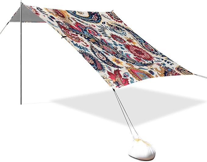 ALAZA Paisley Flower Ethnic Beach Tent Sun Shelter UPF50+ Protection Beach Shade Canopy w/ 4 Sandbags for Outdoor Camping Fishing Backyard Fun Picnic 10x9 ft
