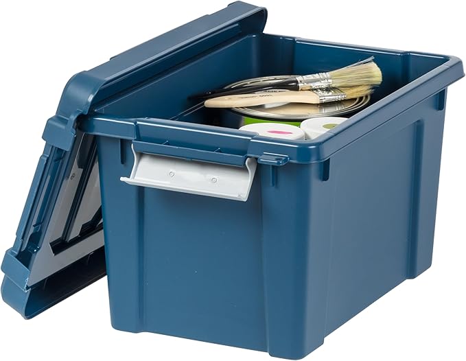 IRIS USA 5 Gallon Eco-Friendly Lockable Storage Bins with Lids 6 Pack - Made in USA Heavy Duty Stackable Containers Garage Organizing Bins Moving Tubs Rugged Sturdy Equipment Utility Box - Navy