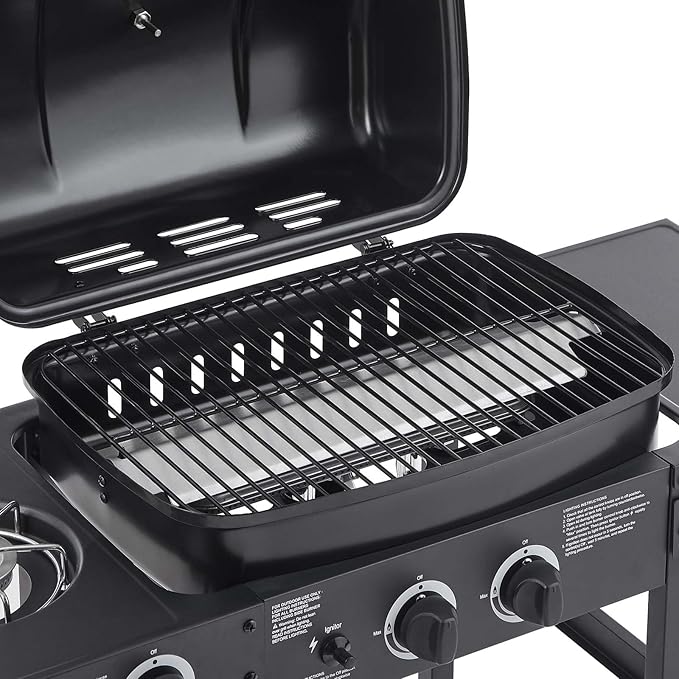 2-Burner Propane Gas BBQ Grill with Side Burner 24000 BTU Stainless Steel Barbecue Grill with Cast Iron Grates and Side Table for Outdoor Cooking Kitchen Patio