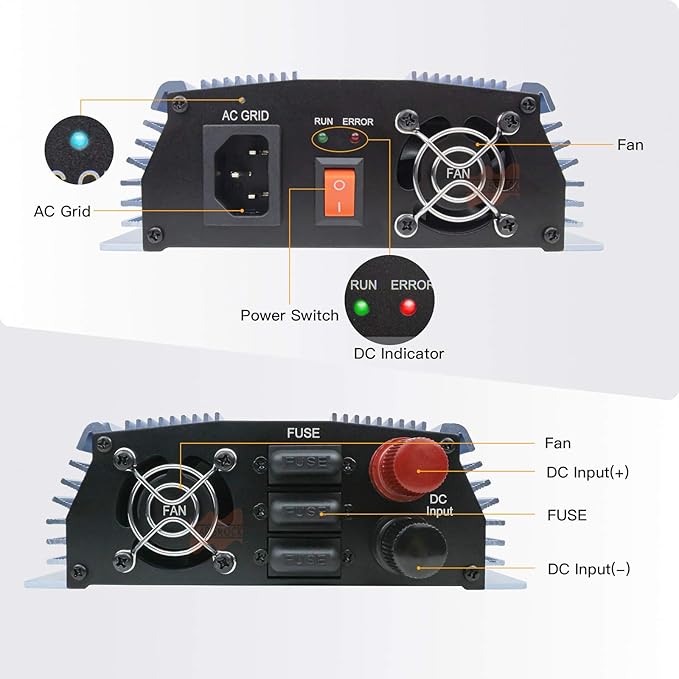 Marsrock 1000W MPPT Pure Sine Wave Grid-Tie Micro Inverter Converts 20-50V DC to 110V/120V AC Perfect for Home Solar or Wind Power Systems.
