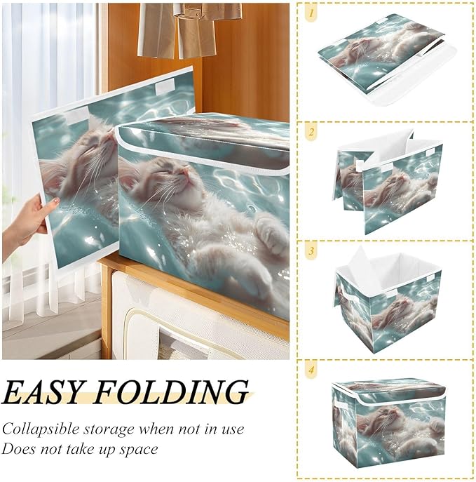AIXIWAWA Lidded Storage Cube (Cat in Pool) Fabric Foldable Closet Bins with Flip Lid and Handles Organizer Basket Container 16.5 x 12.6 x 11.8 IN