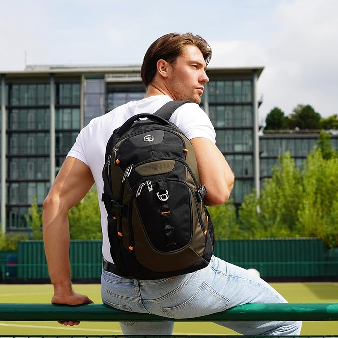 Swissdigital Design Laptop Backpack with USB Charging Port Travel Backpack Fits 15.6 inches Computer 31L College School Backpack for Men Olive/Black | SD803-26