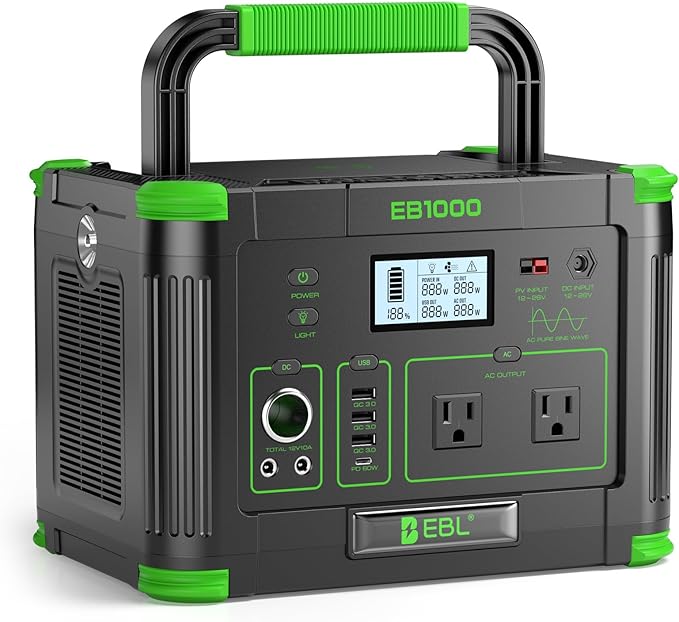 EBL Portable Power Station 1000W Solar Generator 999Wh Fast Charging Backup Battery with 5W Wireless Charging &amp Multiple Ports for Camping Home Backup RV &amp Off-Grid