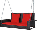 Tangkula 2-Person Wicker Porch Swing Patiojoy Outdoor Rattan Hanging Swing Bench W/ 2 Back Cushions &amp 1 Seat Cushion Sturdy Steel Chain 800lbs Weight Capacity