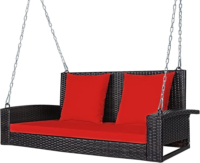 Tangkula 2-Person Wicker Porch Swing Patiojoy Outdoor Rattan Hanging Swing Bench W/ 2 Back Cushions &amp 1 Seat Cushion Sturdy Steel Chain 800lbs Weight Capacity