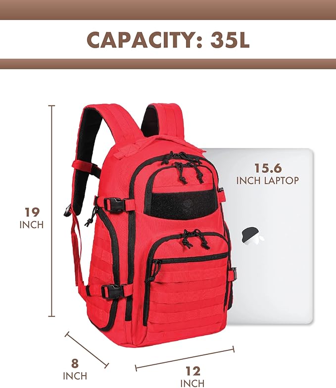 TRAILKICKER Military Tactical Backpack for Men 35L Tactical Laptop Backpack Tactical Bag Bug Out Bag Army 3 Days Assault Pack - Red