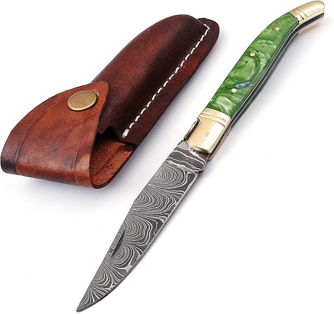 Damascus steel blade Laguiole style Folding knife by Damascus depot 8.5 Long with 4 hand forged custom twist pattern Blade. unshrinkable Resin scale exotic color with brass bolster and Pommel. Cow