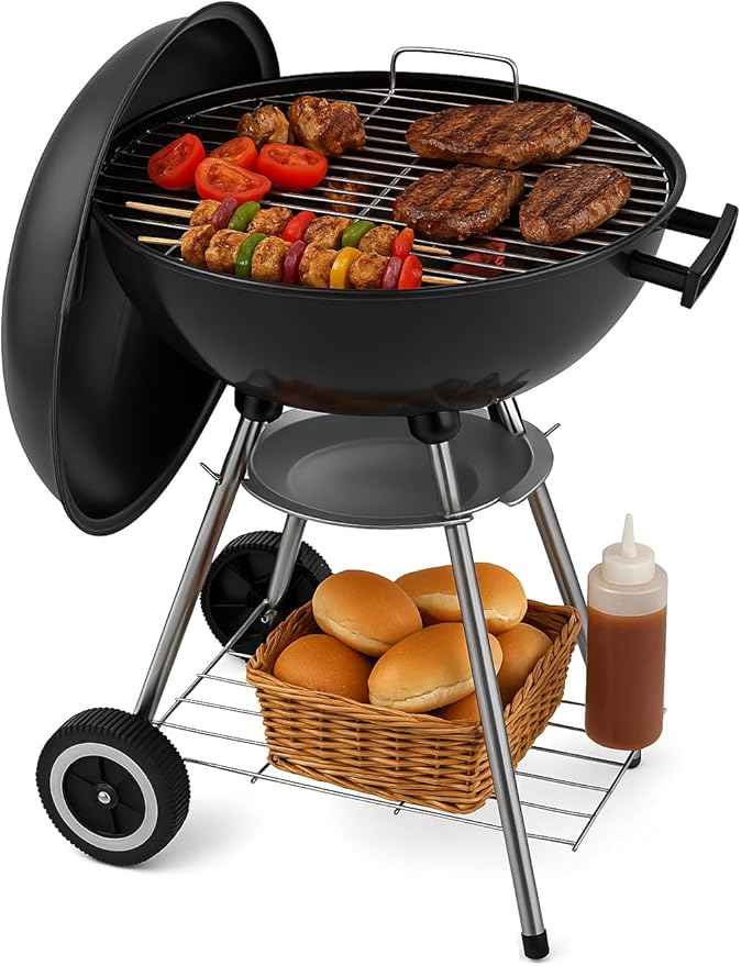 18 Inch Portable Charcoal Grill – Heavy-Duty Round BBQ Grill with Thickened Grilling Bowl Sturdy with 4 Legs &amp Wheels for Small Outdoor Barbecue Camping Travel Tailgating &amp Backyard Cookin
