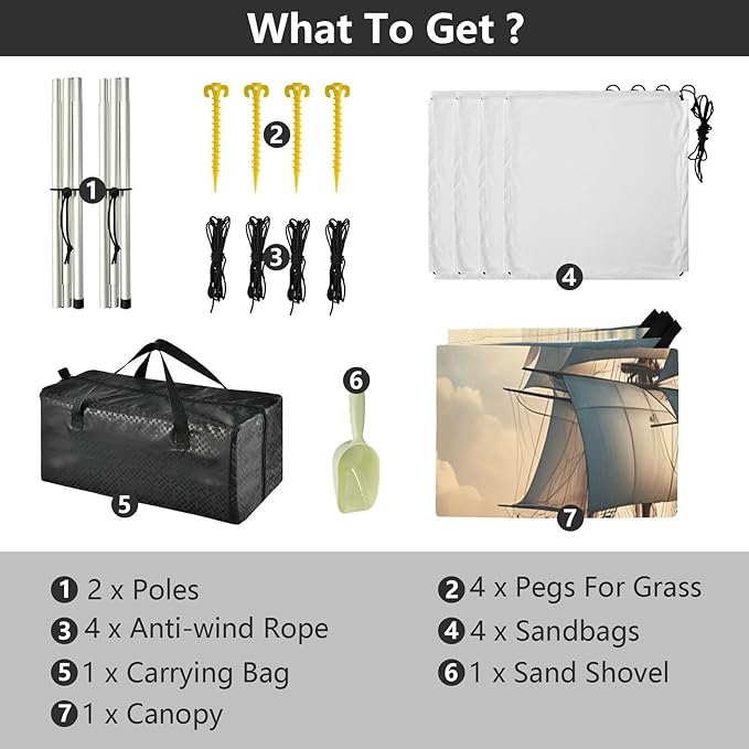 xigua Sailing Boat Beach Tent Sun Shelter with Carrying Bag - Silver Coated Oxford Fabric Beach Canopy for Beach Camping Fishing - Includes Windproof Ropes Sandbags &amp Stakes