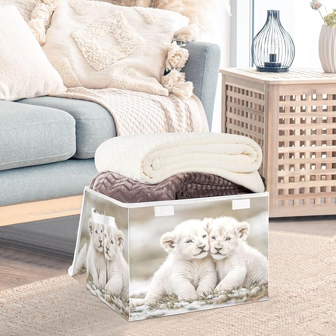 AIXIWAWA Lidded Storage Cube (Lovely Lions) Fabric Foldable Closet Bins with Flip Lid and Handles Organizer Basket Container 16.5 x 12.6 x 11.8 IN