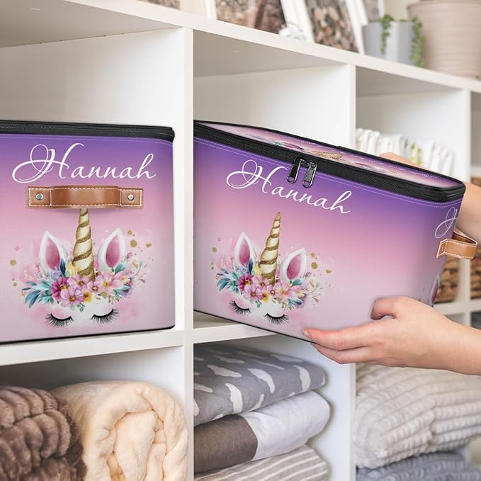 Custom Unicorns Storage Bins with Lid Foldable Personalized Storage Basket Boxes with Handle Shelf Basket Closet Organizer Cube
