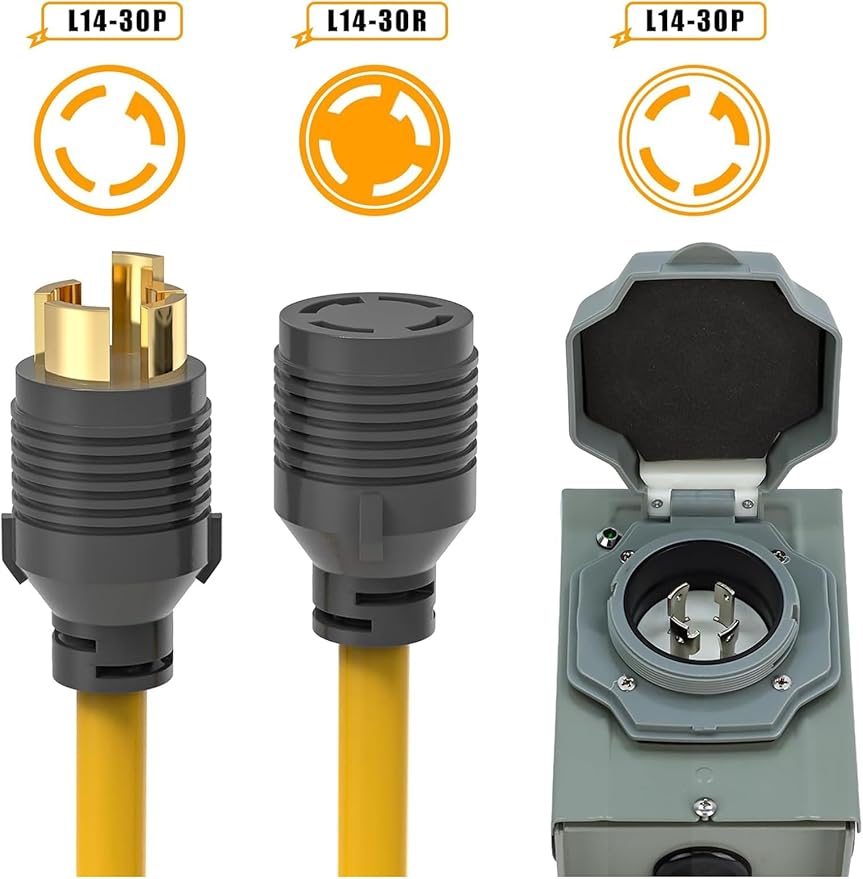 30 Amp Generator Cord and Power Inlet Box (Pre-Drilled) Waterproof Kit 25 Feet Nema L14 30p Generator Extension Cord with L14-30P to L14-30R Twist Lock Plug for Outdoor Use125/250 Volts