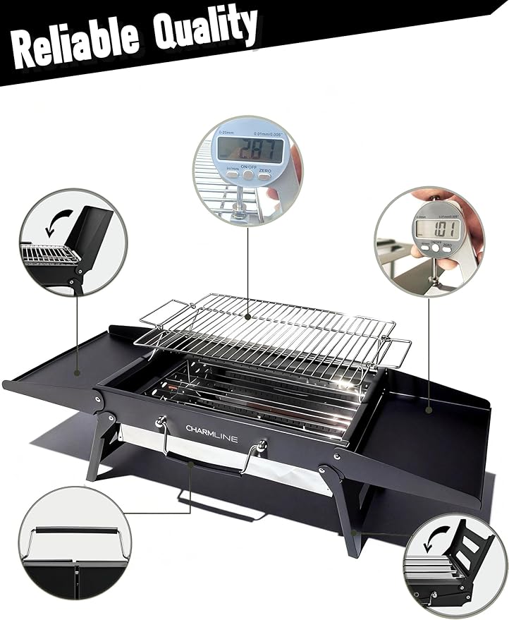 Charmline 15x11 inches Portable Charcoal Grill Compact Portable BBQ Grill Tabletop Charcoal Grills for Camping Picnics Gardens and Beach Parties Black
