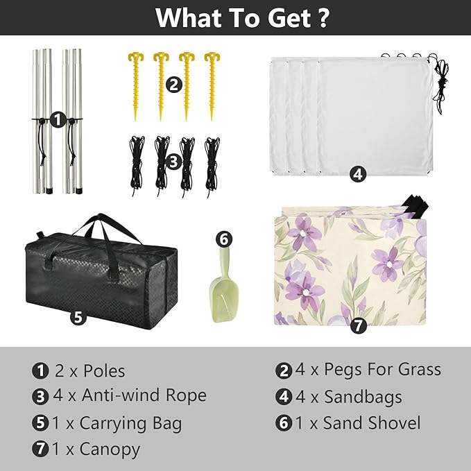 xigua Purple Flowers Beach Tent Sun Shelter with Carrying Bag - Silver Coated Oxford Fabric Beach Canopy for Beach Camping Fishing - Includes Windproof Ropes Sandbags &amp Stakes