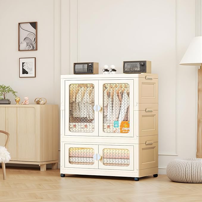 Stackable Storage Bins Plastic Collapsible Storage Containers with Doors Wheels And Hanging Rods 29.52 x 14.96 x 40.55 Large Lidded Closet Organizers Cabinet for Home OfficeWhite