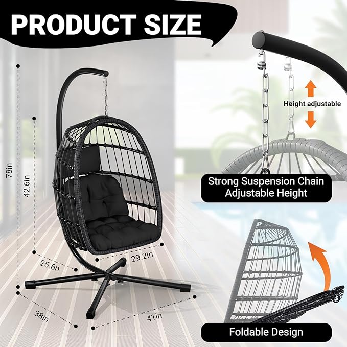 LEVELEVE Egg Chair with StandPatio Rattan Wicker Hanging Swing Egg Chair Hammock Chair for Bedroom Porch GardenThickened Aluminum Alloy Steel Frame and UV Resistant Cushion350LBS Capacity
