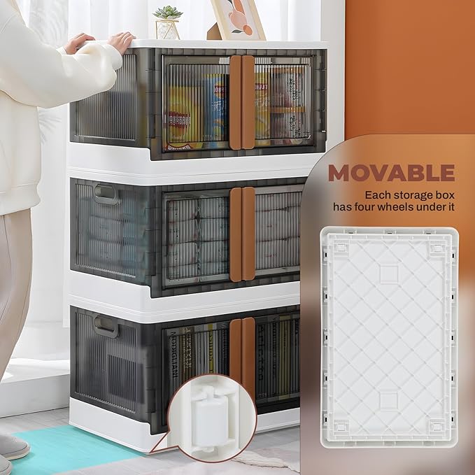 3 Pack 8.4 Gallon Collapsible Storage Boxes Lidded Storage Box with Door and Wheels for Books Towels and Clothes Folding Storage Box for Home White