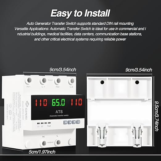 63A 110V Automatic Transfer Switch Auto/Manual Generator Transfer Switch DIN Rail Mount ATS with LED Display Safety Protections for Home Generator Inverter Utility Power L1 Priority Phase Selector