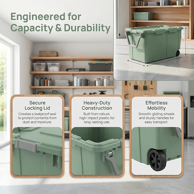 2 Pieces160 Quarts of Wheeled Storage Boxes Super Large Durable Transparent Boxes with Lock Covers and Handles Suitable for Moving Garage and Tool Room Storage (Green)