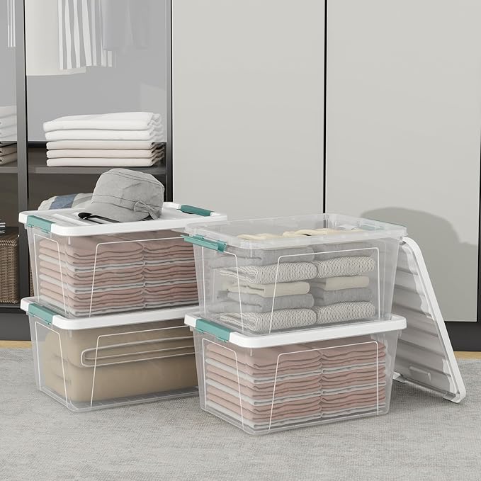 6-Pack Clear Plastic Storage Organizer Bins with White Lids 35 Quart Stackable Container Boxes for Bedroom Bathroom Garage and Office Organization