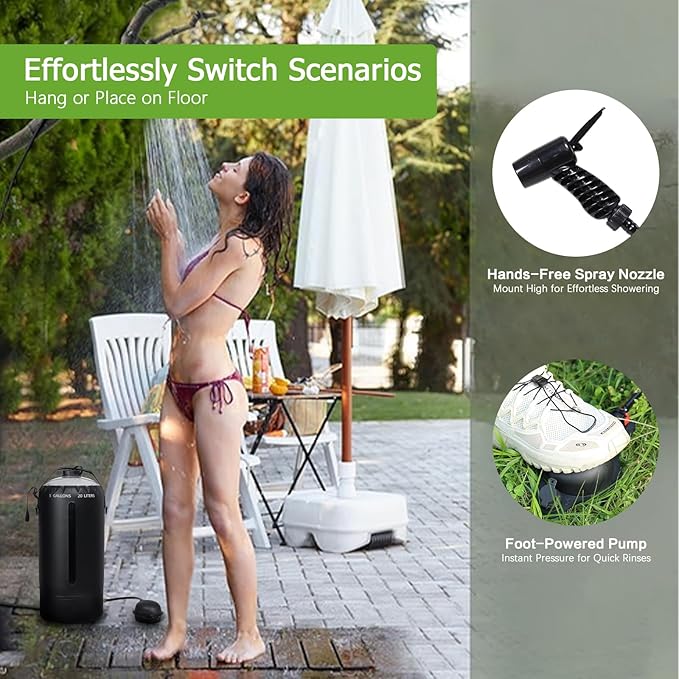 Aircity Portable Solar Camping Shower Bag with Foot Pump &amp Upgraded Leak-Proof Design – 20L/5-Gallon Outdoor Shower for Beach Hiking Travel | Lightweight Large Water Inlet Carry Bag
