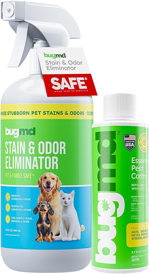 BugMD Essential Pest Control Concentrate + BugMD Pet Odor &amp Stain Remover – Natural Pest Control + Family &amp Pet Safe Enzyme Cleaner – Kill Ants Roaches Spiders &amp Eliminate Pet Stains &am