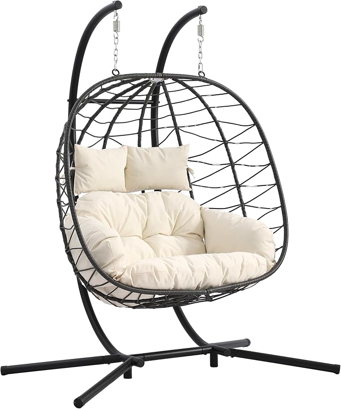 Double Egg Chair with Stand Foldable 2 Person Hanging Swing Chair with Cushion Wicker Rattan Hammock Swing Chair Indoor Outdoor Loveseat 650 LBS Capacity for Patio Bedroom Balcony Garden