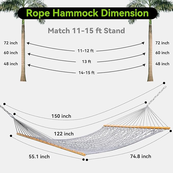 Double Hammock for 2 Person Handwoven Rope Hammock with Spreader Bar Without Stand - Indoor &amp Outdoor Use for Patio Poolside Backyard (Grey)