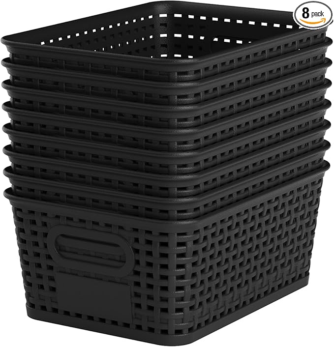 Black Plastic Storage Baskets - Pack of 8 with Labels Stackable Durable Storage Bins Storage Containers for Organizing Desktops Closets Playrooms Classrooms Offices