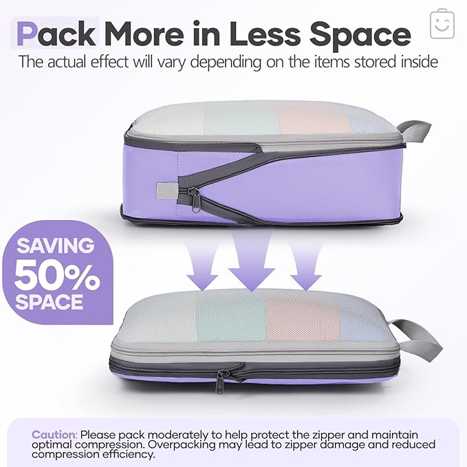 Veken 11 Set Compression Packing Cubes for Travel EssentialsCompressible Expandable Large Luggage Suitcase Organizer Bags for ClothingDurable Space Saver Storage Bags(Light Purple)